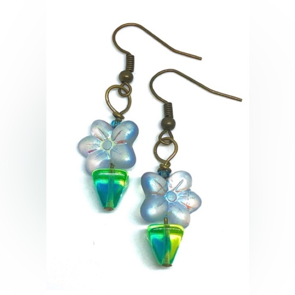 Blue Glass Flower and Turquoise Chartreuse Ombre Vintage Bead Floral Earrings